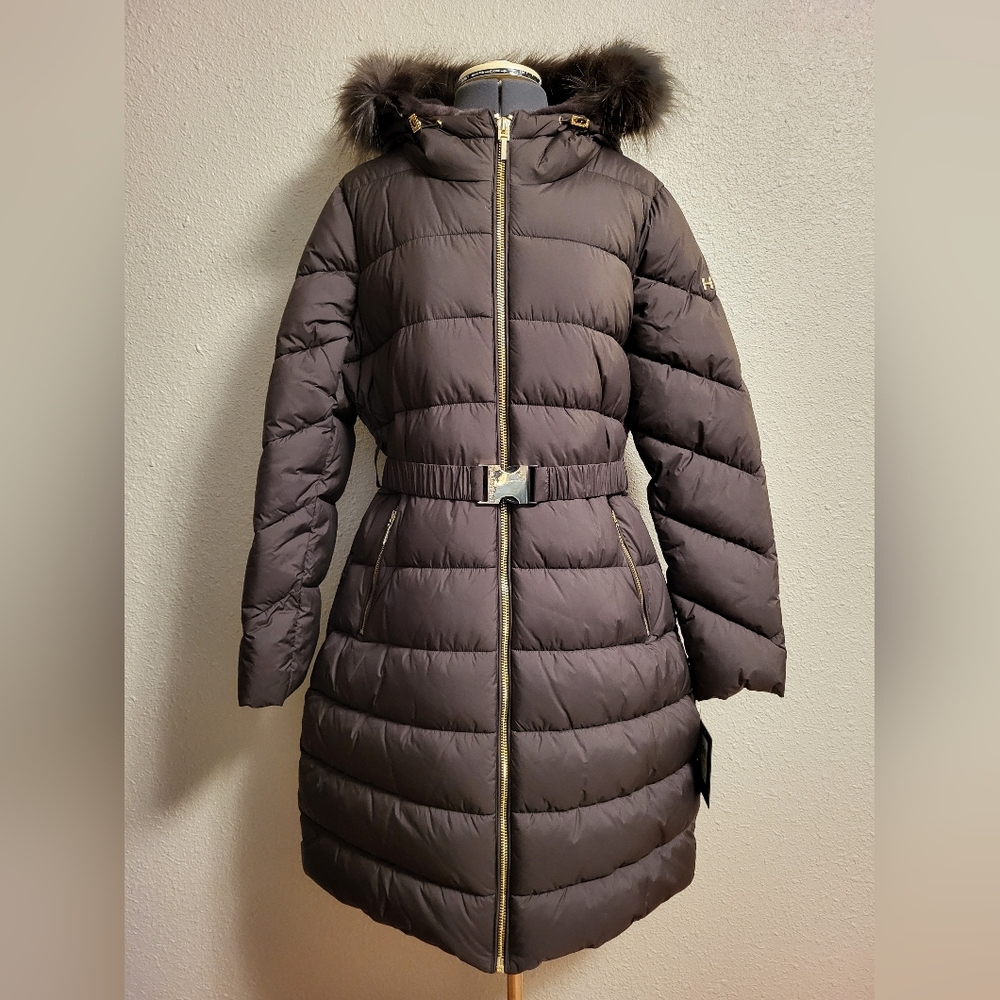 NWT Halston Outerwear Brown Hooded Puffer Jacket Size Medium